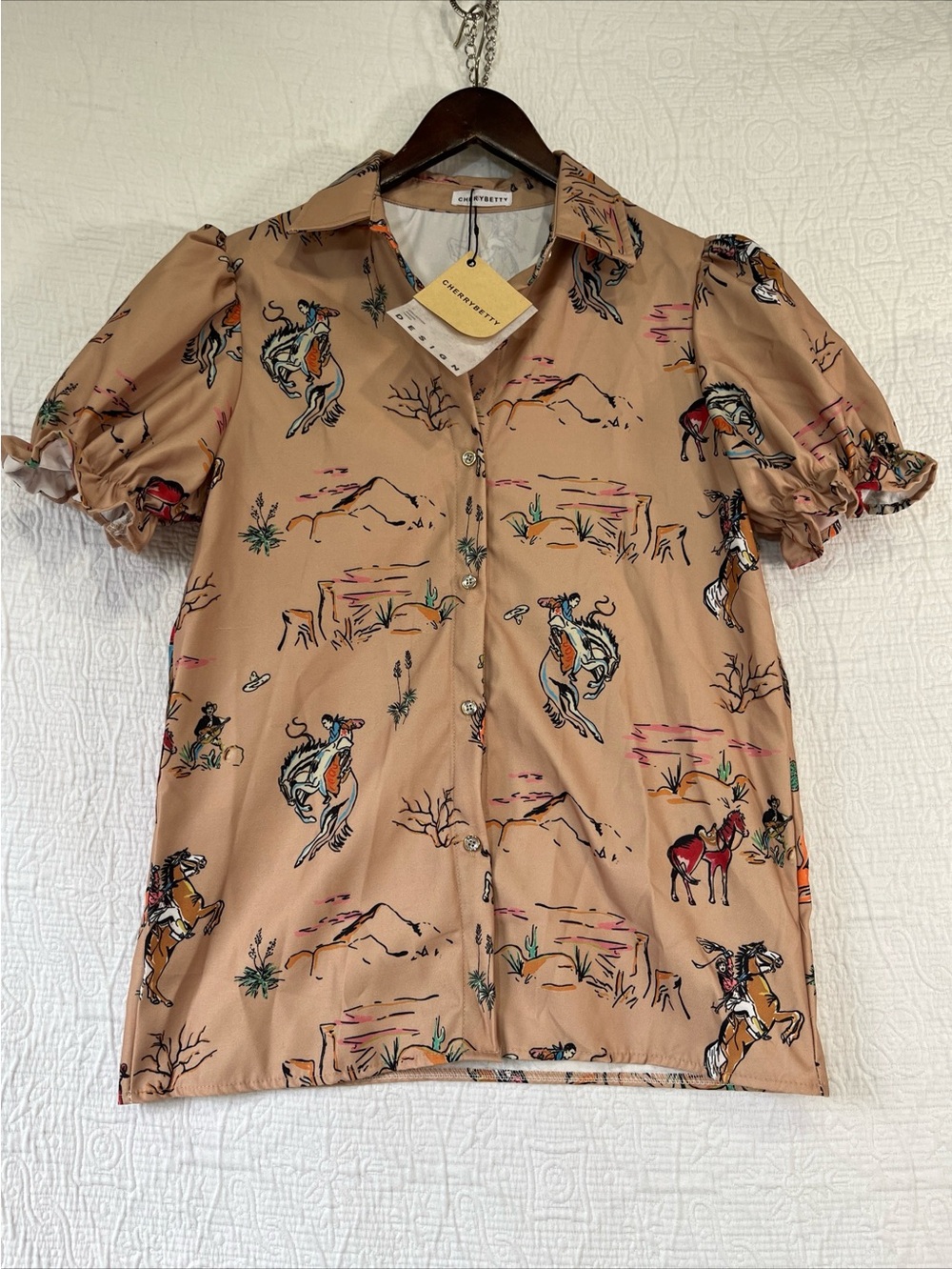 Cherry Betty Retro Western Blouse Small Cowboy Cotton Puff Sleeves Camp New S